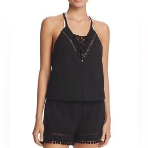 Ella‎ Moss Medallion Melody Romper Coverup XS Black Pom Pom V-Neck Tencel Cotton